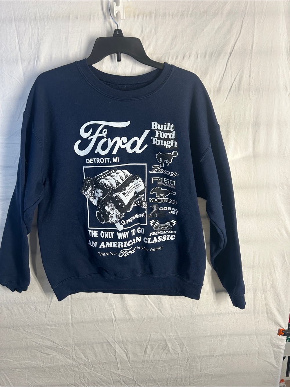 Ford Navy Sweatshirt with White Automotive Graphic